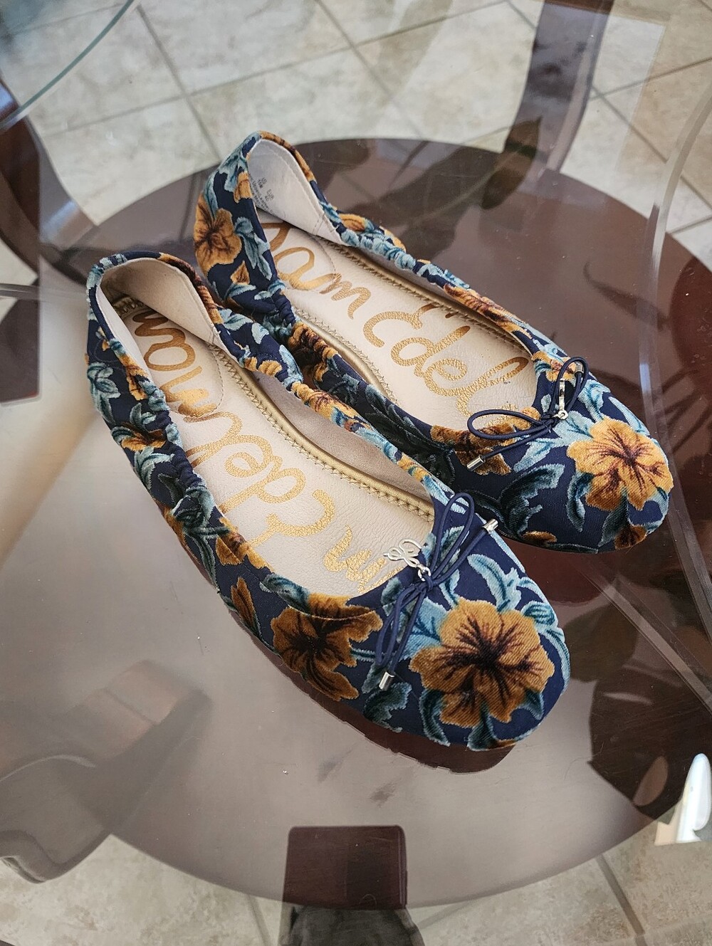 Sam Edelman FELICIA Ballet Slipper Floral Navy Ballet Flats with Mustard Blooms